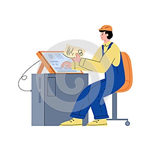 Smart factory engineer monitoring robotic line, vector illustration isolated.