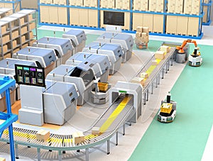 Smart factory equipped with AGV, robot carrier, 3D printers and robotic picking system photo