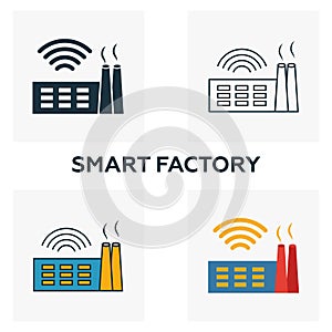 Smart Factory icon set. Four elements in diferent styles from industry 4.0 icons collection. Creative smart factory icons filled,