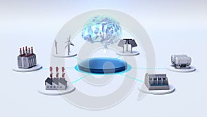 Smart Factory, solar panel, wind generator, Hydroelectricity connect digital brain, artificial intelligence.