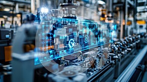 Smart factory using futuristic augmented reality software showing production line data visualization