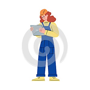 Smart factory worker with electronic device, flat vector illustration isolated.