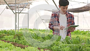 Smart farm and farm technology concept.Smart young asian farmer  using tablet to check quality