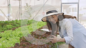 Smart farm and farm technology concept.Smart young asian farmer  using tablet to check quality