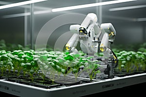 Smart farm innovation Robotic arm cultivates plants, transforming agriculture with automation