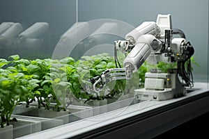 Smart farm innovation Robotic arm cultivates plants, transforming agriculture with automation