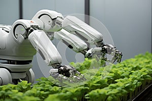 Smart farm innovation Robotic arm cultivates plants, transforming agriculture with automation