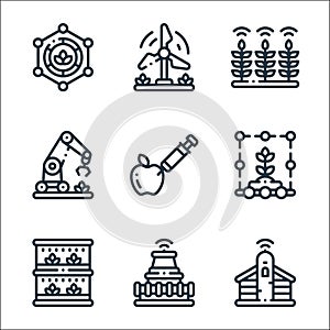 smart farm line icons. linear set. quality vector line set such as silo, tractor, vertical farming, smart farm, gmo, robotic arm,