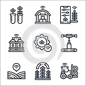 Smart farm line icons. linear set. quality vector line set such as tractor, plant, field, conveyor, settings, water tank, smart