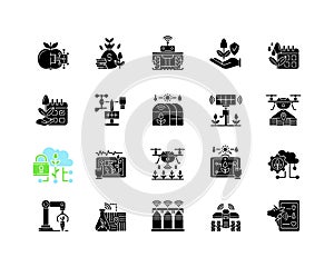 Smart farm system black glyph icons set on white space
