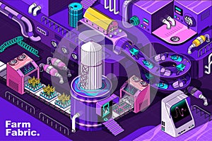 Smart farm web concept in 3d isometric design. Monitoring and automated growing crop, farming industry. Abstract fabric production