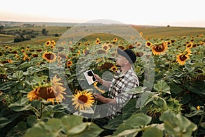 Smart farmer. Young agronomy is using smart digital tablet at sunflower field. Technology wireless device to study