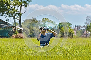 Smart farming Agricultural technology and organic agriculture Woman using the research tablet and studying the development of rice