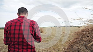 Smart farming agriculture concept. man farmer studying a haystack in a field on digital tablet. slow motion video. male