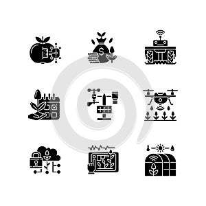 Smart farming black glyph icons set on white space