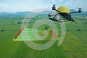 Smart farming concept, drone use a technology in agriculture with artificial intelligence to measure the area, photographer, and f