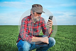 Smart farming, farm worker using smartphone and digital table in cultivated wheat field