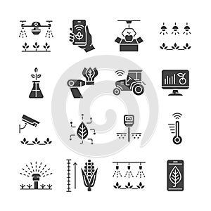 Smart farming glyph icon set. Vector collection with tractor, watering system, agriculture drone, robot, surveillance camera,