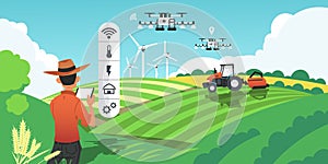 Smart farming. Growing crops and harvesting plants with futuristic technologies, drones on field and GPS vehicles photo