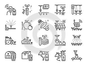 Smart farming line icon set. Included icons as farmer, agriculture, planting, app, online control and more.