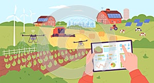 Smart farming management. Digital control agriculture and weather monitoring from internet tablet computer, drone iot