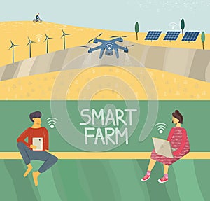 Smart farming, modern and high tech agriculture concept, green iot, energy. Farmers with tablet and notebook, drone