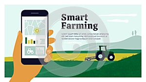 Smart farming vector illustration with human hand holding smartphone and tractor plowing field