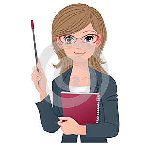 Smart female lecturer smiling with pointer stick photo