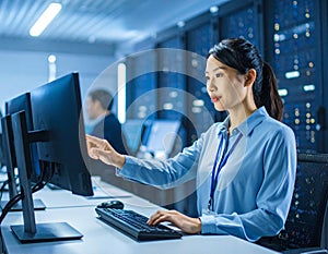 Smart Female IT Programer Working on Desktop Computer Software Development Code Writing Website Design Database