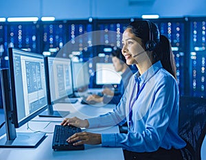 Smart Female IT Programer Working on Desktop Computer Software Development Code Writing Website Design Database