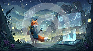 Smart Fox Analyzing Cryptocurrency in a Futuristic Digital Landscape