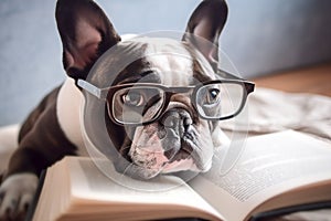Smart French Bulldog dog with reading glasses and book.