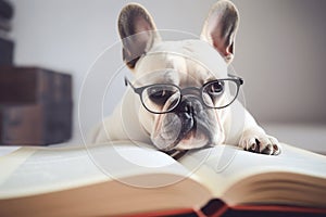 Smart French Bulldog dog with reading glasses and book. Generative AI