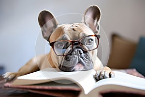 Smart French Bulldog dog with reading glasses and book. Generative AI