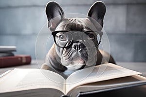 Smart French Bulldog dog with reading glasses and book. Generative AI