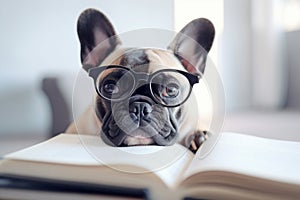 Smart French Bulldog dog with reading glasses and book. Generative AI