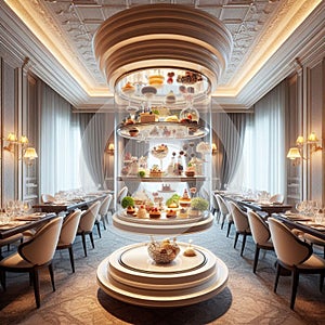 a smart futuristic dining room with a levitating dessert cart featuring gravity-defying sweet treats. T