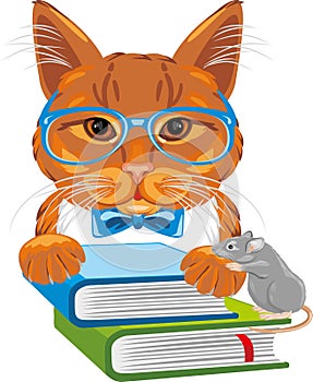 Smart ginger cat with books and funny mouse