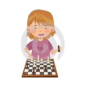 Smart Girl Character Playing Chess on Checkered Chessboard Vector Illustration