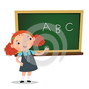 Smart girl presenting something in front of blackboard