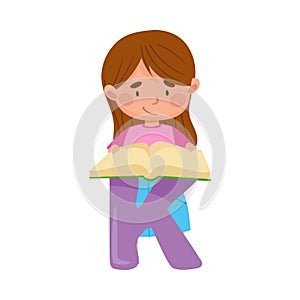 Smart Girl Pupil Standing Near Big Alphabet Letter K and Reading ABC Book Vector Illustration