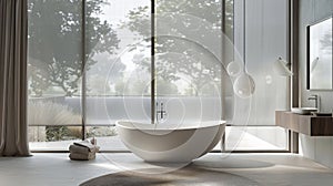 The smart glass windows in the bathroom serve as a functional and practical solution for privacy. With the ability to