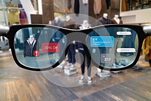 Smart glasses with augmented mixed virtual reality in retail concept , customer use artificial intelligence, geofencing and chatbo