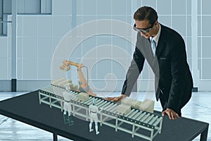 Smart glasses device concept, engineer use augmented mixed virtual reality technology to look at the industrial process line, for