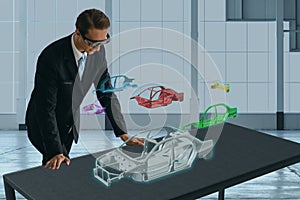 Smart glasses device concept, engineer use augmented mixed virtual reality technology to look at the industrial process line, for