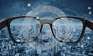 Smart glasses, VR virtual reality, and AR augmented reality technology. Smart glasses with futuristic technology graphics