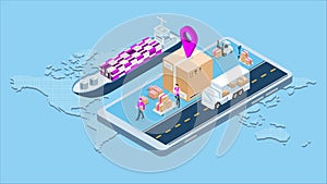 Smart global logistics delivery tracking system on smartphone animation