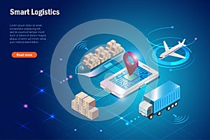 Smart global logistics delivery tracking system on smartphone. Shipment carton delivery in supply chain, airfreight, seafreight