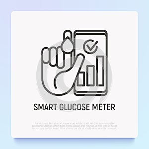 Smart glucose meter thin line icon: hand with blood drop and smartphone with a result. Modern vector illustration of diabetes