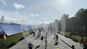 Smart green energy city, pedestrian walk and bicycle lane